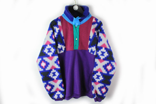 Vintage Fleece Snap Button Large multicolor 90s crazy abstract pattern ski sweater