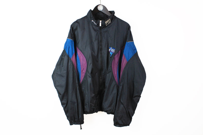 Vintage Asics Track Jacket XLarge made in Hong Kong black windbreaker Japan Style