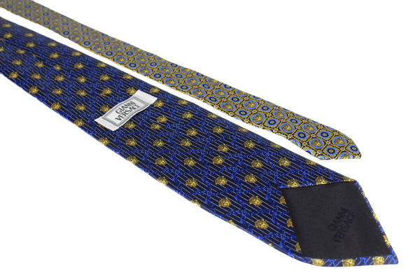 Vintage Gianni Versace Tie blue gold pattern bright 80's medusa big logo 90's style monogram silk made in Italy authentic men's gift rare retro