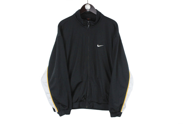 Vintage Nike Track Jacket XLarge size men's black basic training windbreaker swoosh logo 90's 80's athletic authentic clothing USA full zip long sleeve