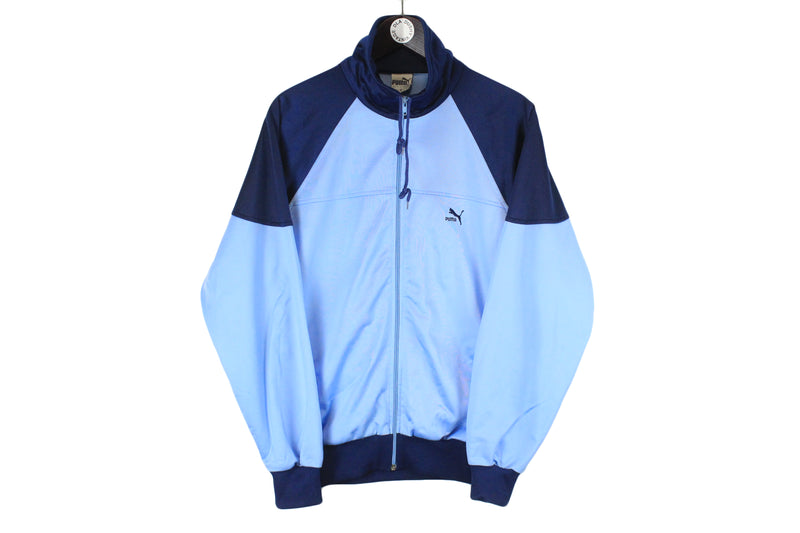 Vintage Puma Track Jacket Medium / Large size men's blue basic training windbreaker front small logo 90's 80's athletic authentic clothing full zip long sleeve