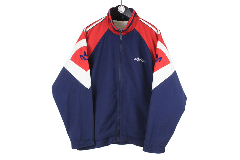 Vintage Adidas Track Jacket XLarge size men's blue red basic training windbreaker front small logo 90's 80's athletic authentic clothing full zip long sleeve