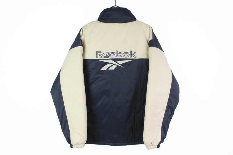 Vintage Reebok Jacket Medium big logo puffer 90s full zip jacket beige blue 