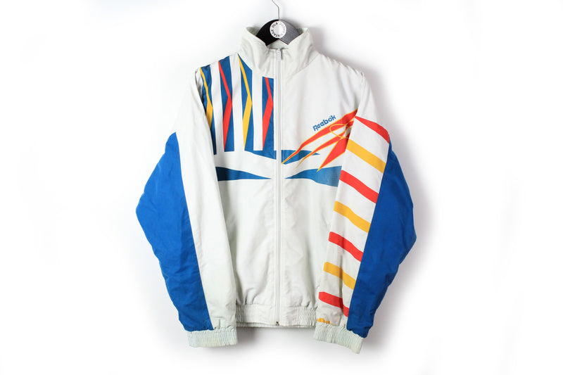 Vintage Reebok Track Jacket Medium big logo white multicolor 90s retro style UK windbreaker