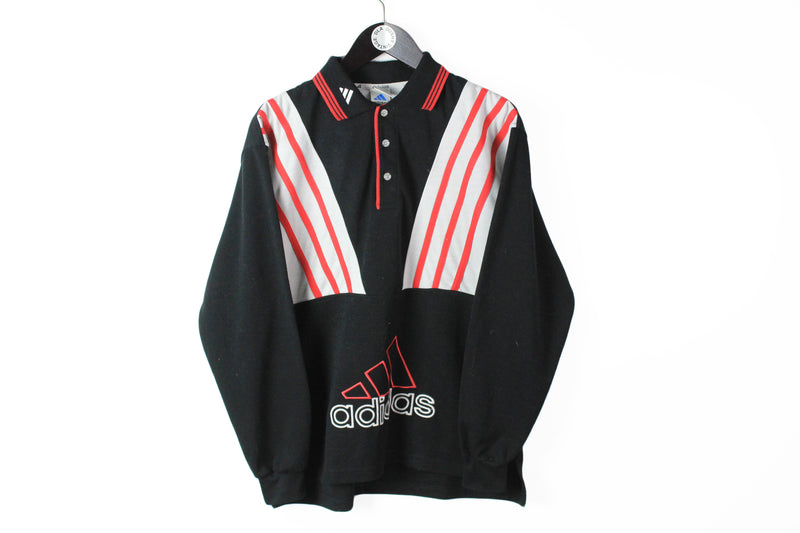 Vintage Adidas Sweatshirt Medium black big logo 90s button collared rugby style jumper