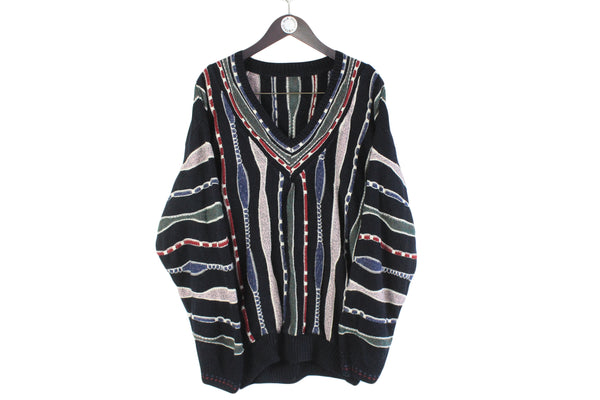 Vintage 3D Pattern Sweater XLarge V-Neck deep retro coogi style 90s abstract pattern