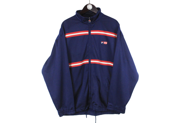 Vintage Fila Track Jacket XXLarge size men's blue basic training windbreaker front small logo 90's 80's athletic authentic clothing full zip long sleeve