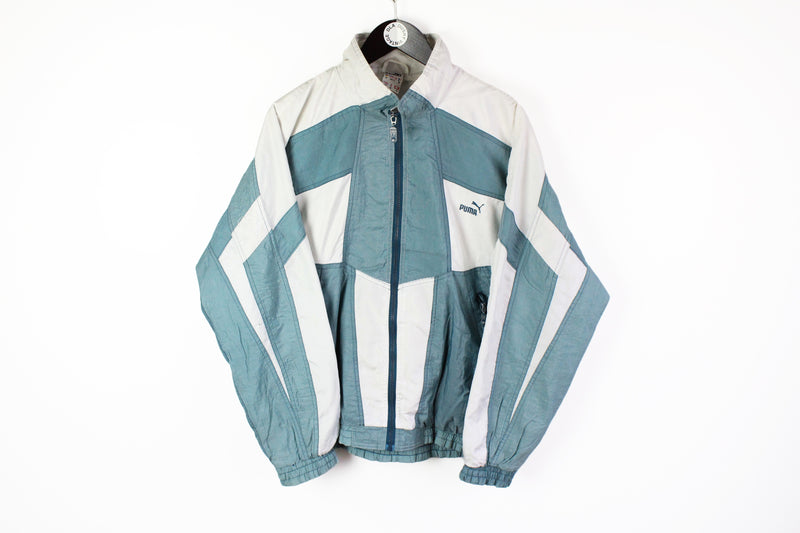 Vintage Puma Track Jacket Medium full zip green white 90s windbreaker