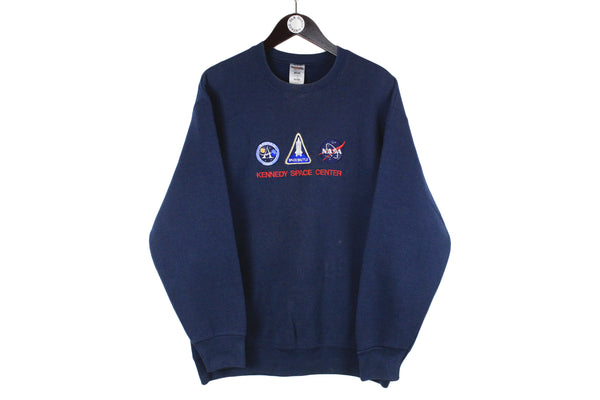 Vintage Kennedy Space Center Sweatshirt Large size sport athletic authentic front big logo 90's 80's rare retro navy blue pullover long sleeve cotton training jumper streetstyle old school NASA USA