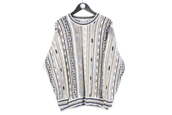 Vintage Montecarlo Sweater Large beige 90s abstract pattern retro jumper