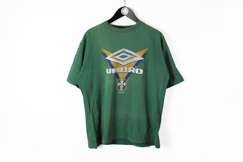 Vintage Umbro T-Shirt Medium green big logo Brasil football cotton tee
