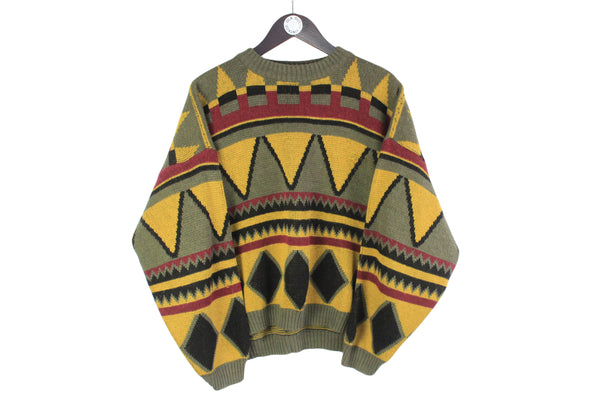 Vintage Sweater Women’s Large abstract pattern green 90s retro pullover oversize jumper