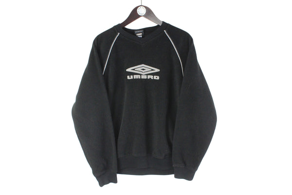 Vintage Umbro Fleece Sweatshirt Small black big logo UK sport style v-neck jumper winter casual ski wear 90s