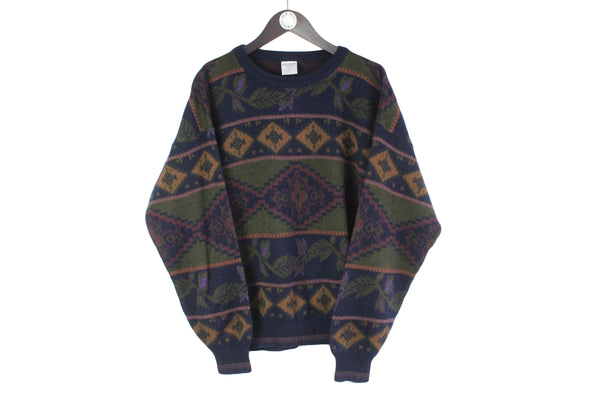 Vintage Sweater Large green blue 90s retro jumper abstract pattern floral retro spirit 80s