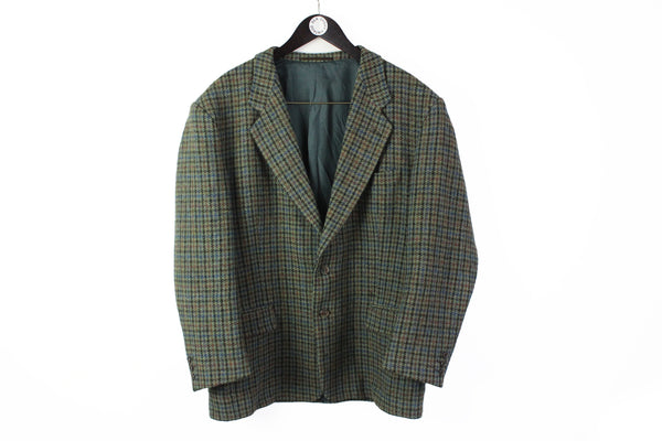 Vintage Harris Tweed Blazer XLarge plaid green 2 buttons 90s authentic wool jacket