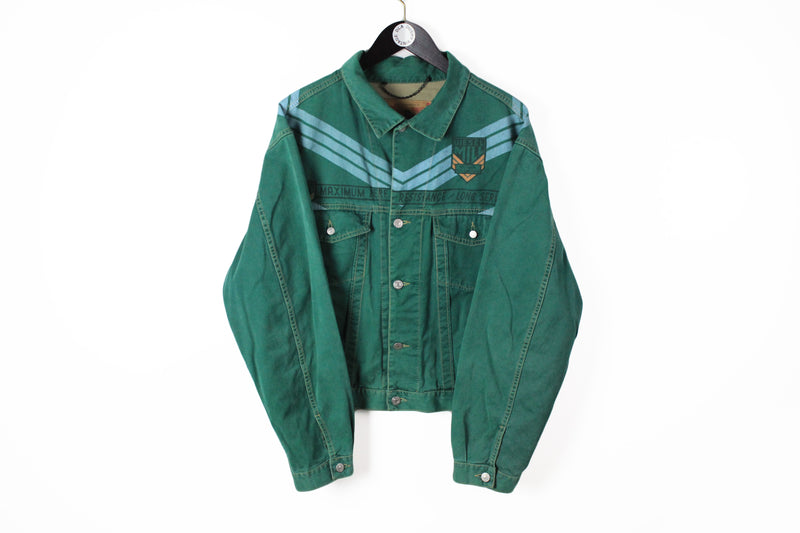Vintage Diesel Denim Jacket Large green 90s military long sleeve classic style USA wear 