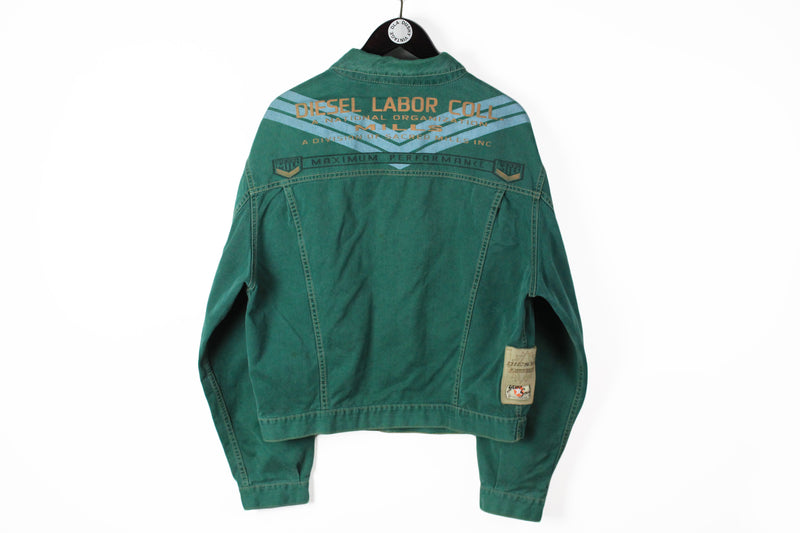 Vintage Diesel Denim Jacket Large green 90s military long sleeve classic style USA wear  jean jacket big logo diesel labor coll mills