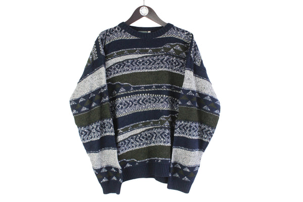 Vintage Sweater XLarge blue abstract pattern 3d pullover 90s jumper