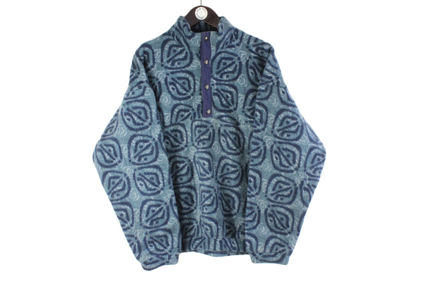 Vintage Fleece Snap Buttons Large blue abstract pattern 90s retro heavy sweater sport style jumper