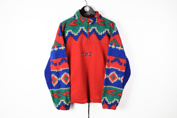 Vintage Fleece 1/4 Zip Large red multicolor 90s sport abstract pattern ski sweater