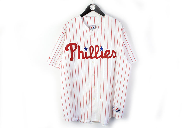 Vintage Phillies Rollins 11 Jersey T-Shirt XXLarge big logo white 90s baseball MLB 90s button tee