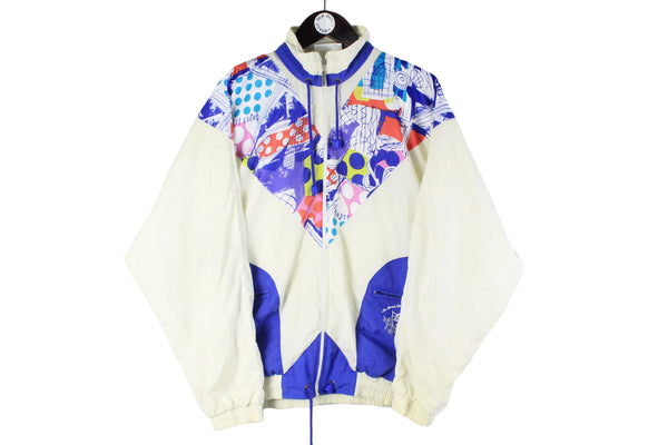 Vintage Adidas Track Jacket Women's Large white abstract pattern 90s retro crazy windbreaker