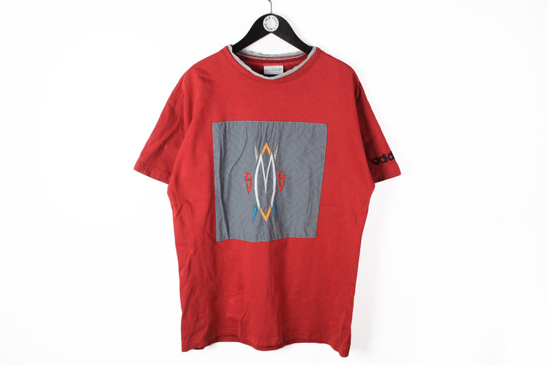 Vintage Adidas T-Shirt Large red cotton big logo 90s sport 55 surfing tee