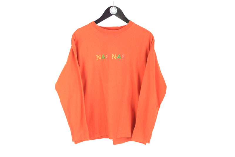 Vintage Naf Naf Sweatshirt Women's Medium orange big logo 90's crewneck