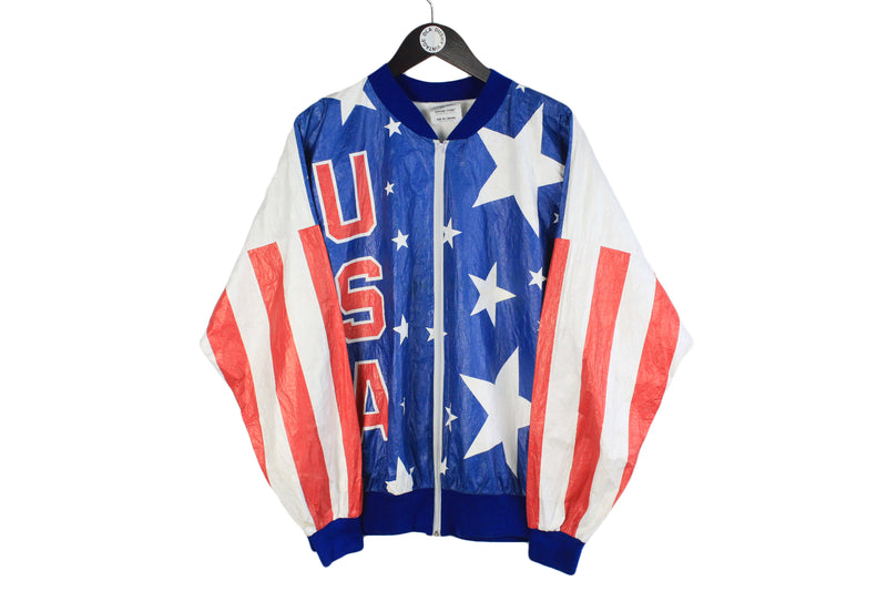 Vintage USA Jacket Large / XLarge size men's full zip bright bomber big logo American Flag large pattern coat 90's 80's outfit streetstyle wear retro rare