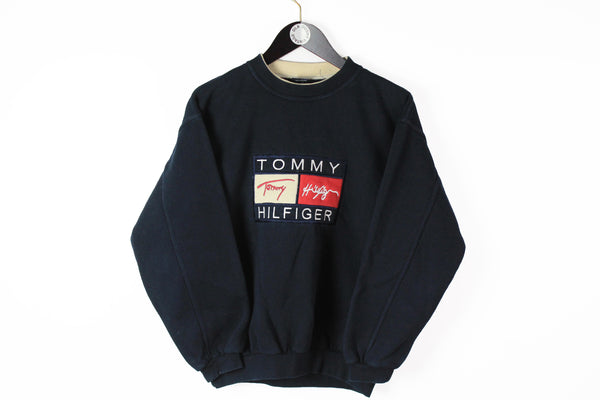 Vintage Tommy Hilfiger Sweatshirt Small navy blue jumper big logo retro style 