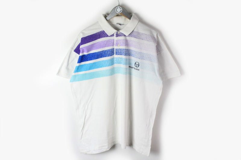 Vintage Sergio Tacchini Polo T-Shirt Large white purple 90s sport Italy brand tee