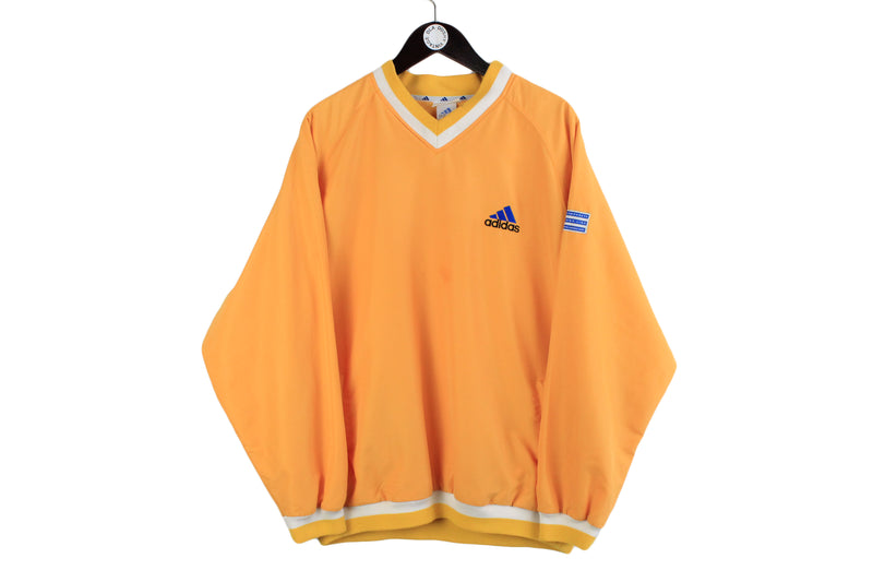 Vintage Adidas Sweatshirt XLarge size men's yellow long sleeve sport pullover rare retro authentic athletic jumper 90's 80's streetwear front logo classic jumper bright