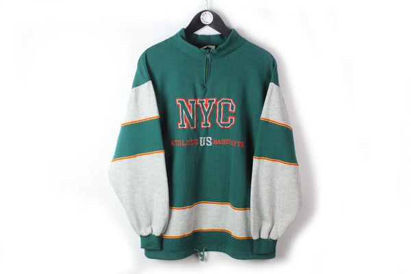 Vintage NYC Sweatshirt 1/4 Zip Small green gray big embroidery logo 90s retro style New York Jumper