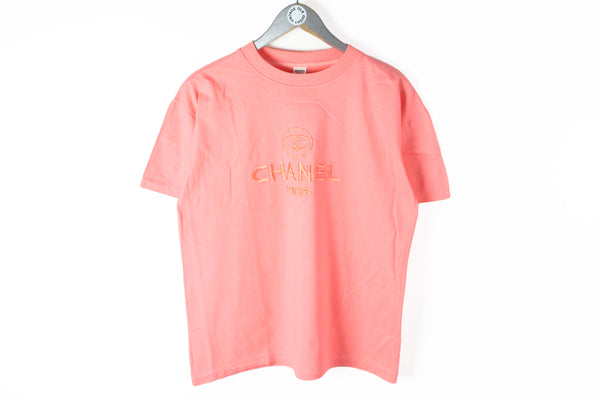 Vintage Chanel Embroidery Logo Bootleg T-Shirt Small pink big logo embroidery 90s made in Korea tee