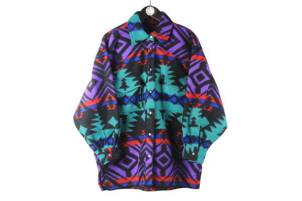 Vintage Fleece Shirt Women's Large black purple green 90s retro outdoor ski style hipster sweater multicolor jumper