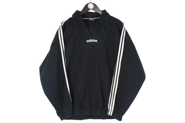 Vintage Adidas Sweatshirt XLarge size men's oversize black collared pullover sport style 90's 80's clothing front logo black retro rare athletic 