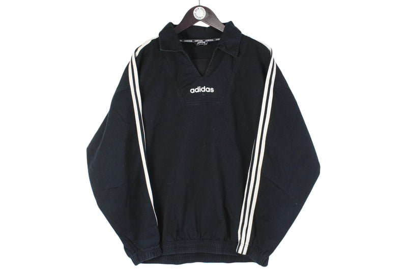Vintage Adidas Sweatshirt XLarge size men's oversize black collared pullover sport style 90's 80's clothing front logo black retro rare athletic 