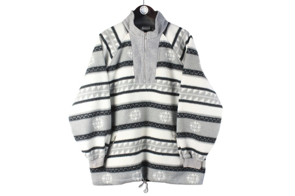 Vintage Fleece 1/4 Zip Small gray striped pattern 90s retro sport sweater winter ski jumper