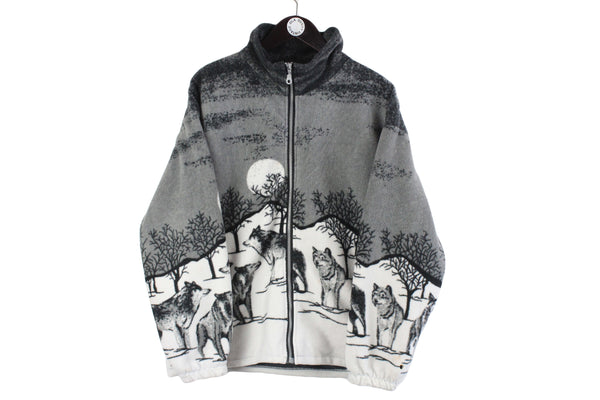 Vintage Fleece Medium / Large size men's retro nature pattern wolf anomal logo rare 90's 80's clothing full zip hipster jumper unique authentic wear street style warm sweatshirt ski mountain sport snowboard clothing front logo