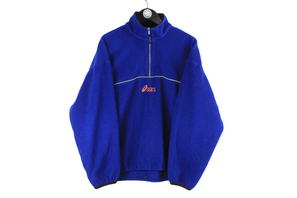 Vintage Asics Fleece Large size blue bright style retro rare 90's 80's clothing 1/4 zip hipster jumper unique authentic wear street style warm sweatshirt ski mountain sport snowboard clothing