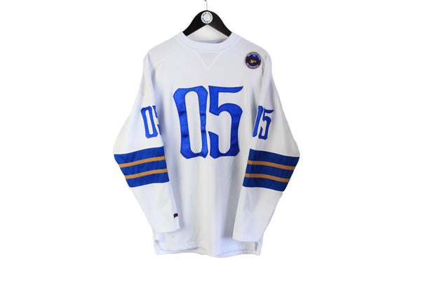 Vintage Fubu Sweatshirt Large white blue 05 big logo 90s made in Korea crewneck