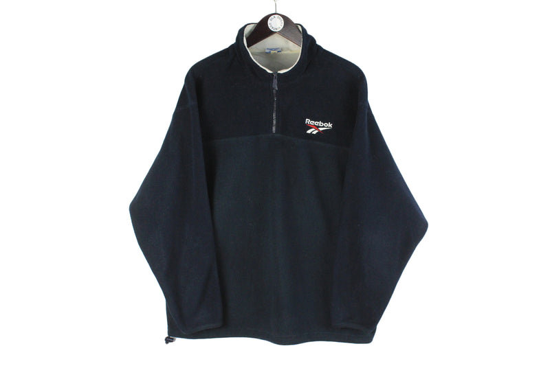 Vintage Reebok Fleece Large size navy blue 1/4 zip style retro rare 90's 80's clothing hipster jumper unique authentic wear street style warm sweatshirt ski mountain sport snowboard outfit
