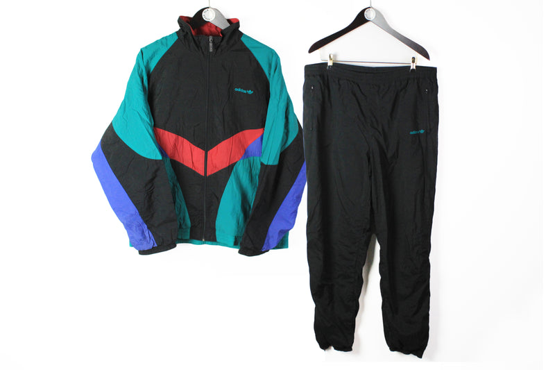 Vintage Adidas Tracksuit XLarge black multicolor 90s sport suit 