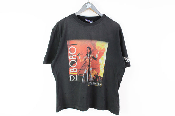 Vintage Reebok DJ Bobo 1997 World In Motion Tour T-Shirt Medium black 90s techno music tee