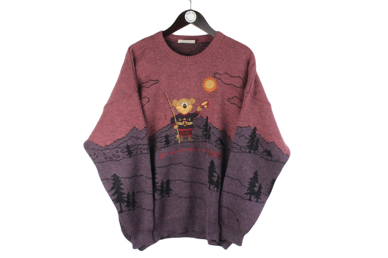 Vintage Sweater XLarge size men's oversize multicolor purple big logo hipster knitwear rare retro 90's 80's style winter knit pullover long sleeve sweat