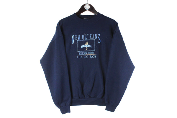 Vintage New Orleans Jazz Bourbon Street Sweatshirt Medium navy blue crewneck sport style embroidery logo jumper 90s