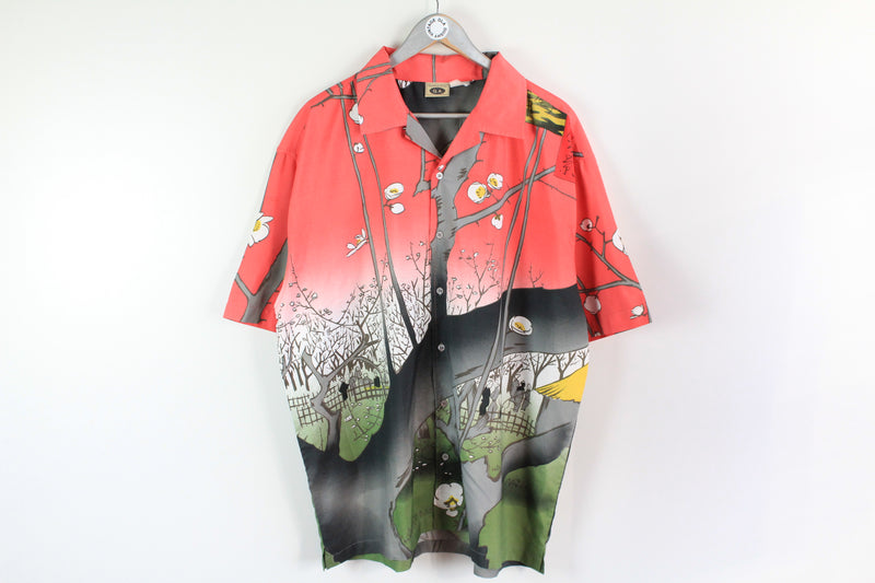 Vintage Hawaii Japan Style Shirt XLarge red green sakura samurai pattern shirt
