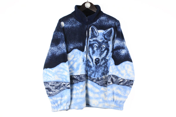 Vintage Wolf Fleece Women’s XLarge / XXLarge blue 90s full zip sweater animal pattern retro print blue jumper