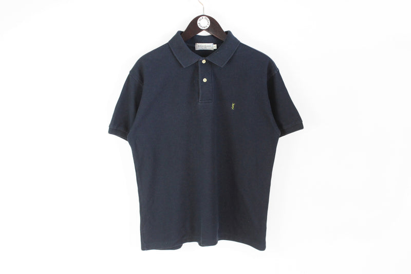 Vintage Yves Saint Laurent Polo T-Shirt Large / XLarge navy blue cotton collared tee 90's 