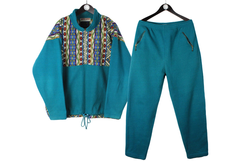 Vintage Fleece Suit XLarge size men's outdoor sweatshirt and pants warm winter 90's style mountain outfit 80's streetstyle blue bright sofr clothing